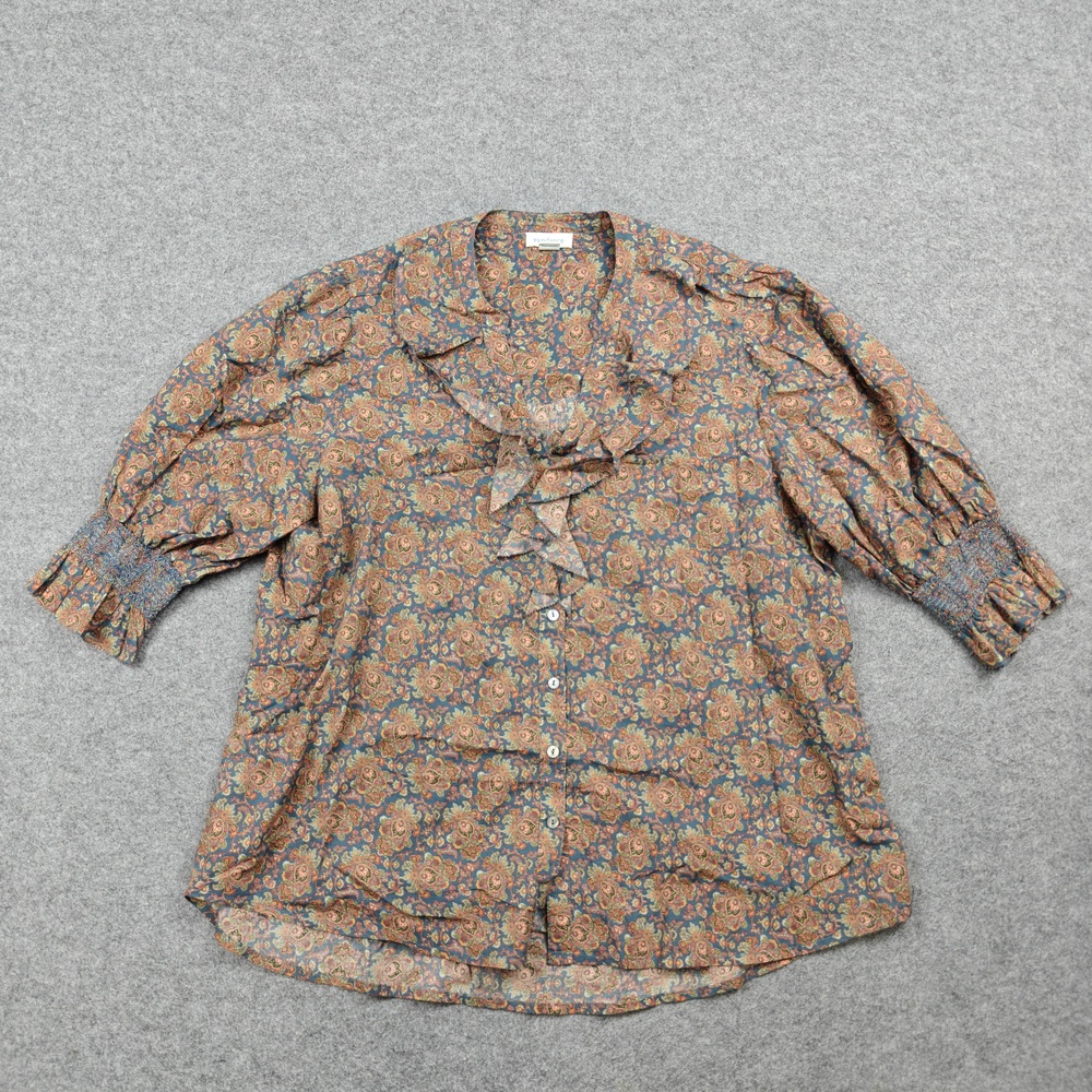 Sundance Button-Up Tunic Womens Large Blue 100% Cotton Puff Sleeve Ruffle